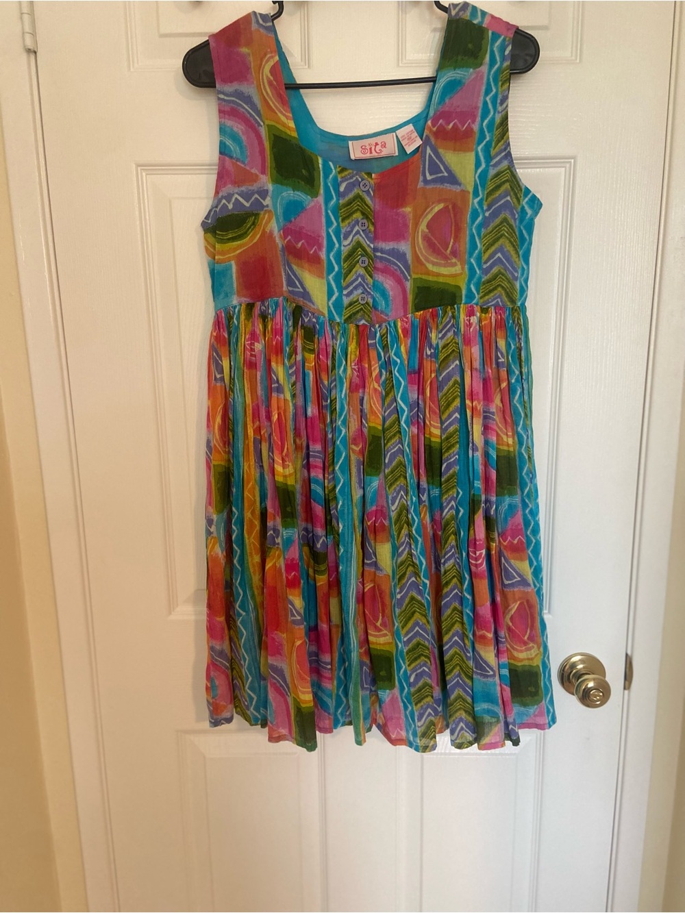 Vintage 90s Sita Rainbow Abstract Cotton Boho Dress Made in Nepal